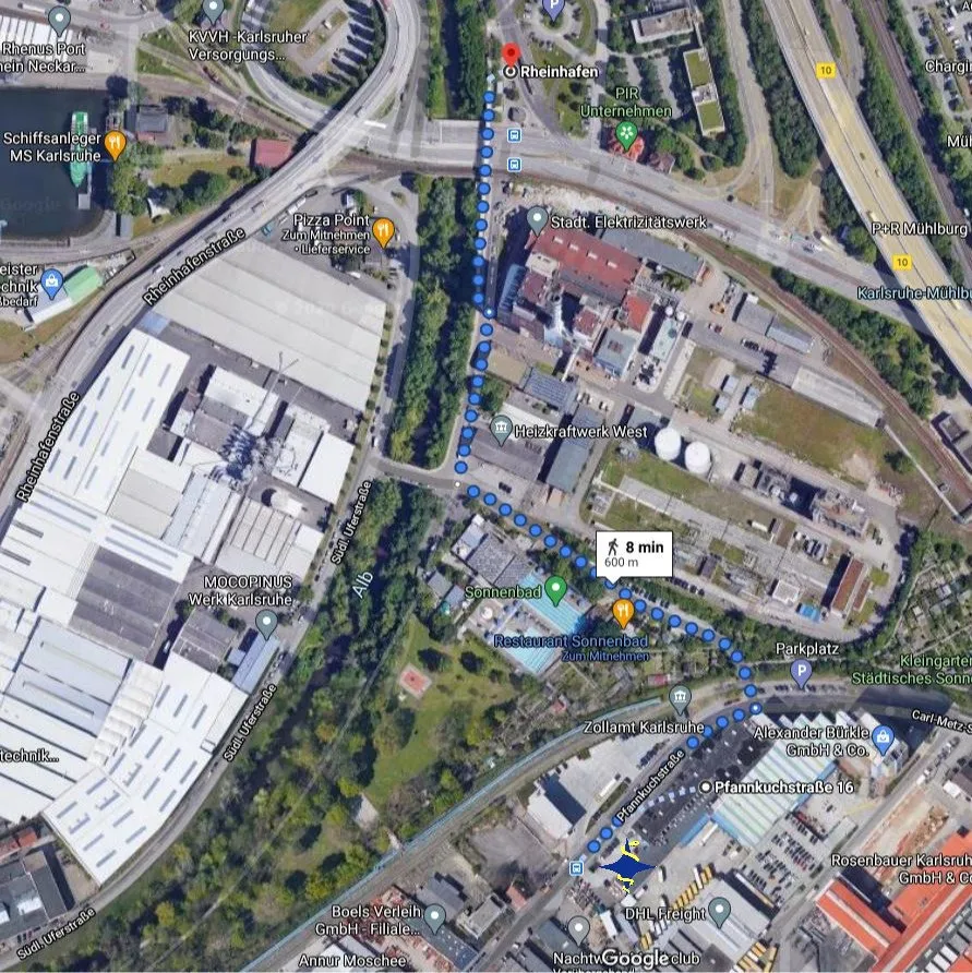 Luftbild mit Fußweg von der Haltestelle Rheinhafen zur Pfannkuchstraße