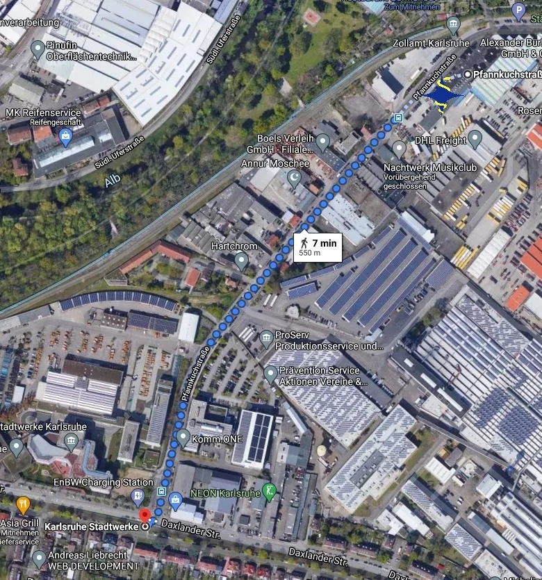 Luftbild mit Fußweg von der Haltestelle Stadtwerke zur Pfannkuchstraße